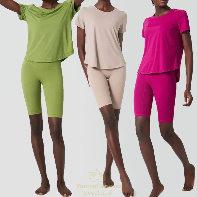 women’S 2-Piece Yoga Set - Solid Workout Short Sleeve Tee & Half Pant Suit