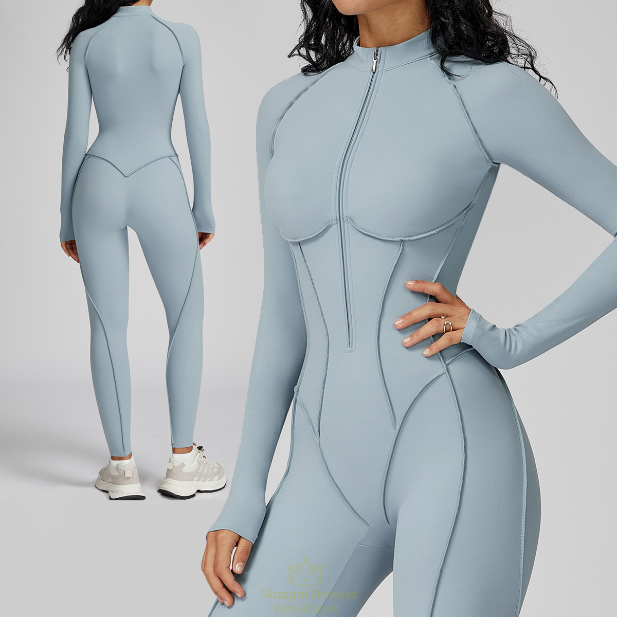 women's Seamless Yoga Jumpsuit Long Sleeve Zip Up Slim Fit Tracksuit