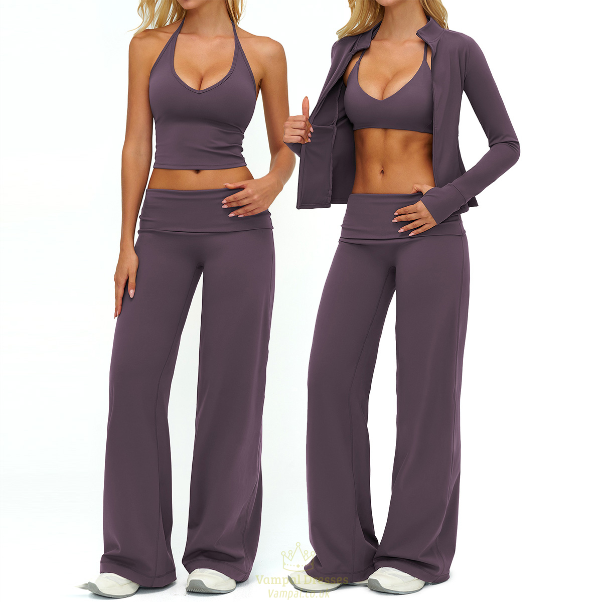 women’S Yoga Set With Wide Leg Pants And Long Sleeve Crop Top