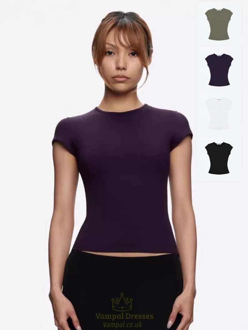 elastic Waist Tight Fit Round Neck Short Sleeve T-Shirt