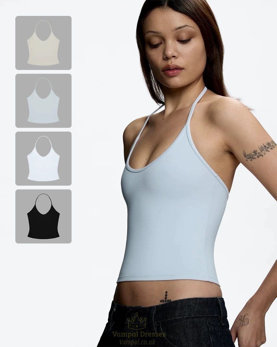 baby Blue Strap Halter Neck U-Neck Solid Color Vest Top