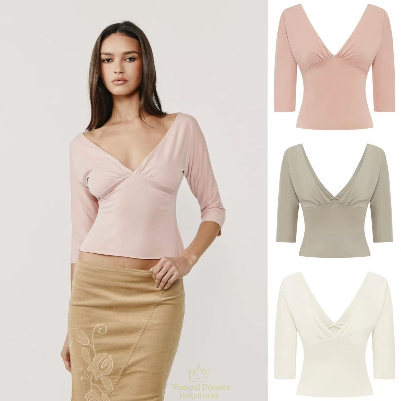 v-Neck Pleated Mid-Sleeve Top With High-Waisted Pleated Slit Midi Skirt