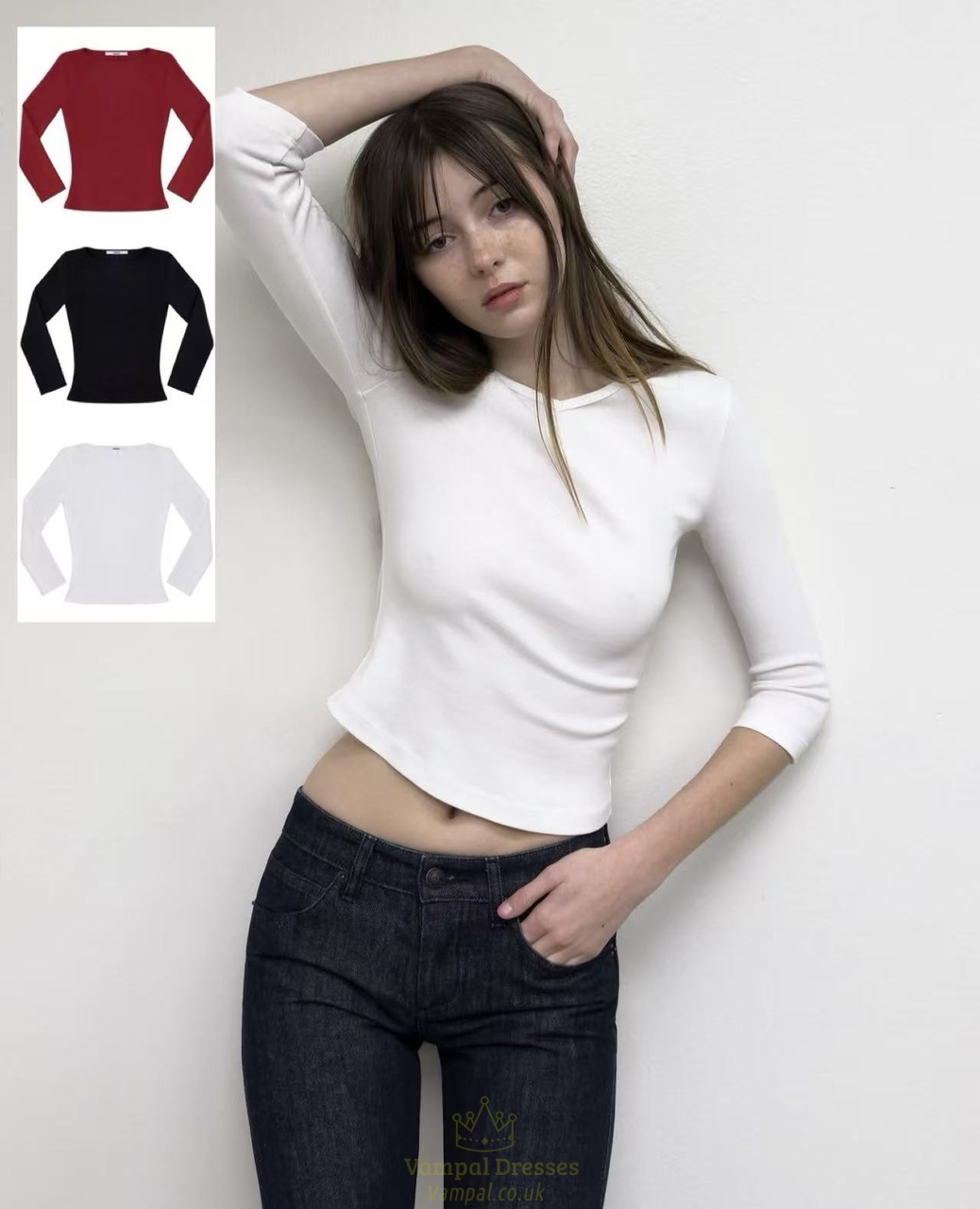 long Sleeve Cherry Red T-Shirt Tight Fit High Neck Base Top