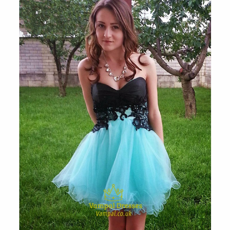 Aquablaues Homecoming-Kleid aus Tüll mit Herzausschnitt und Schnürung