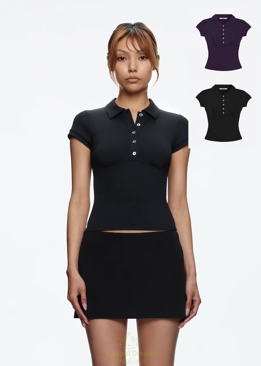 black Polo Neck Slim Fit Short Sleeve Top