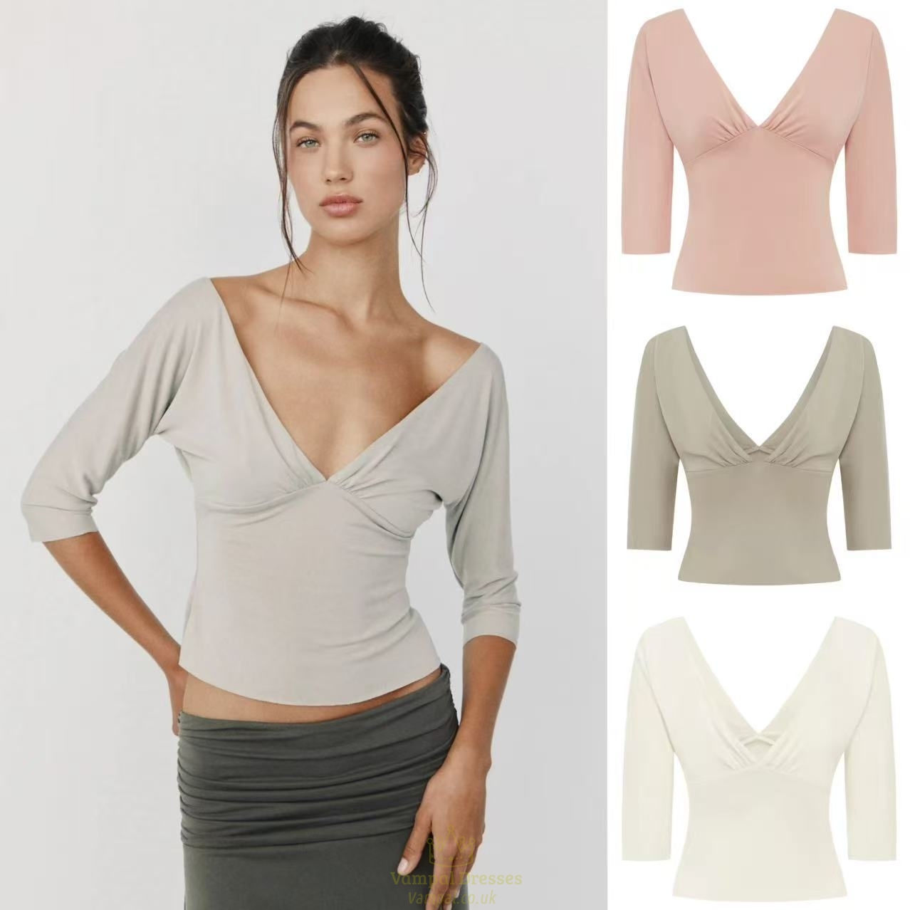 v-Neck Pleated Mid-Sleeve Top With High-Waisted Pleated Slit Midi Skirt Set