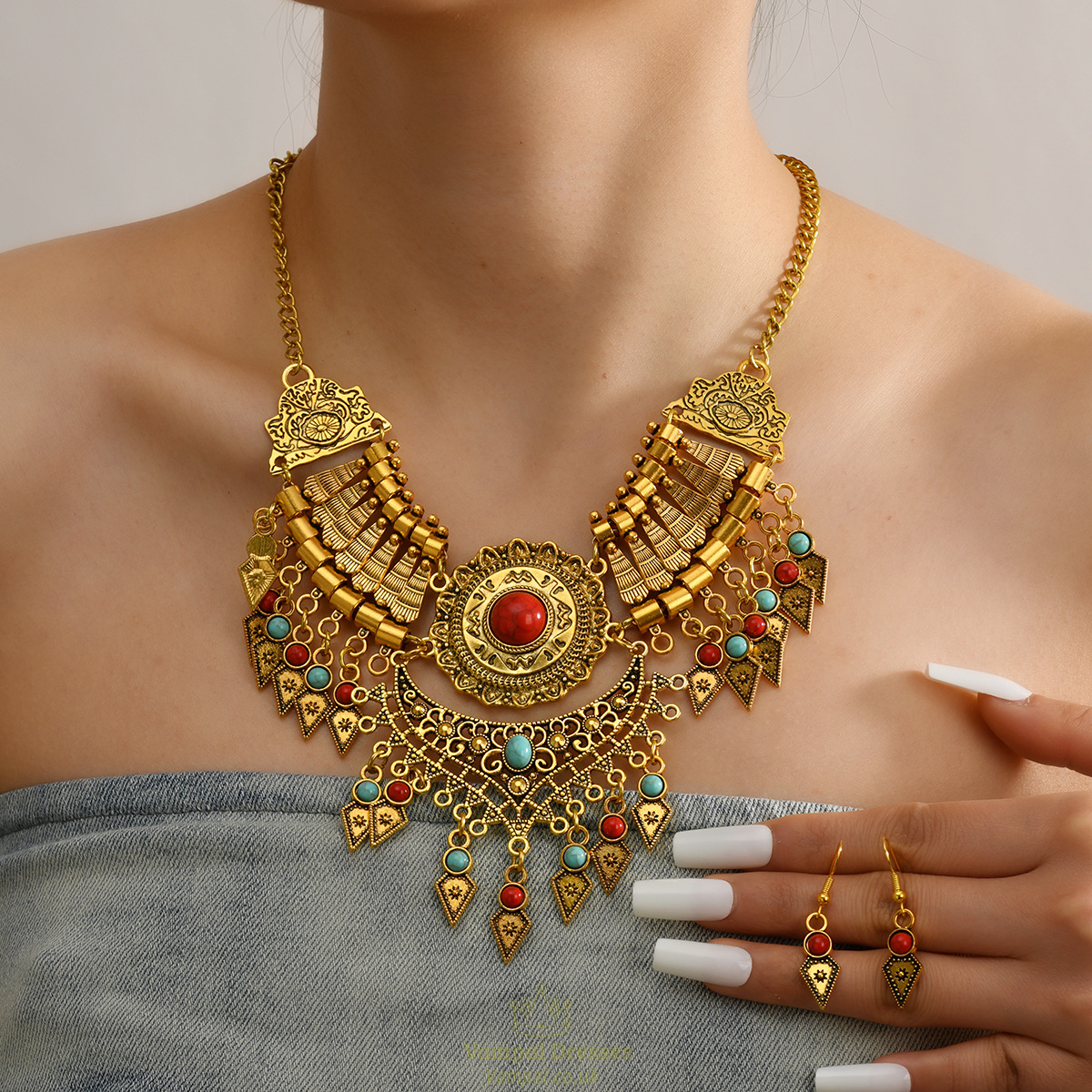 vintage Ethnic Style Teardrop Tassel Necklace And Earrings Set