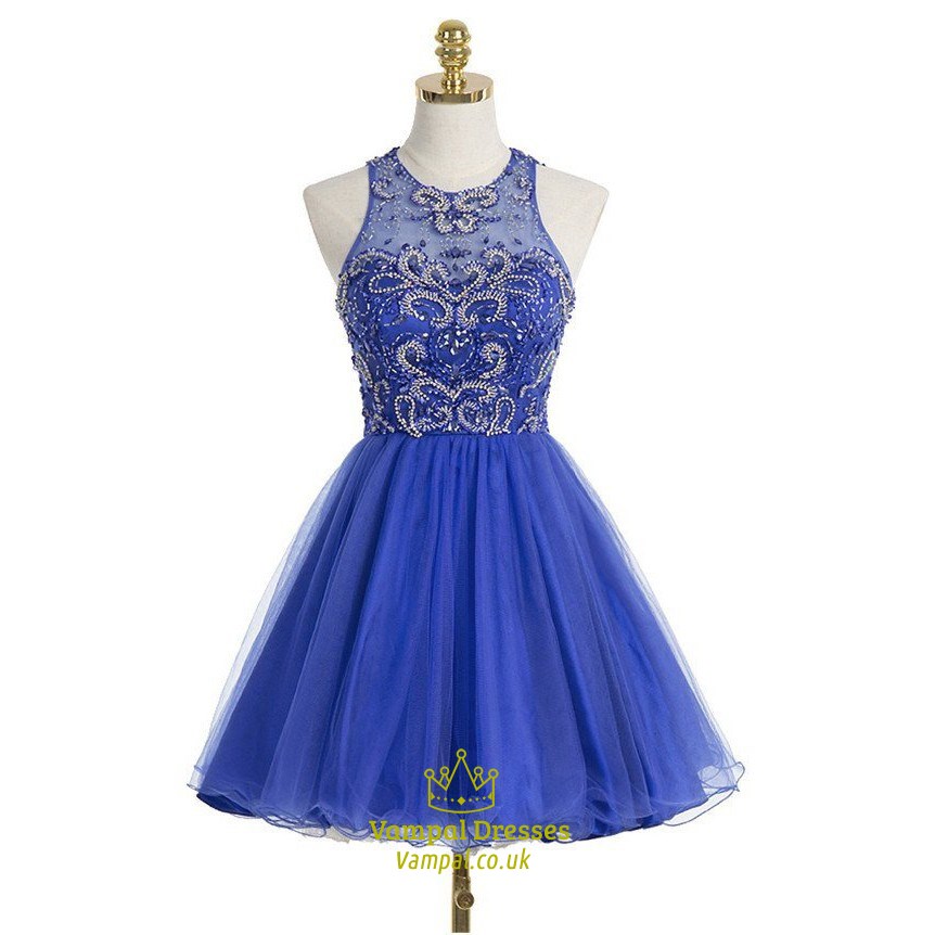 Royalblaues ärmelloses Cocktailkleid mit Schlüsselloch-Rücken und perlenbesetztem Oberteil