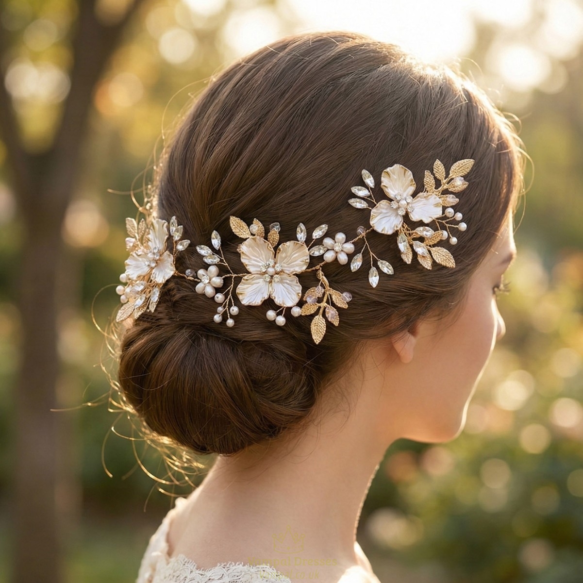 gold forest-style light luxury floral leaf headband handmade Rhinestone Pearl Bridal Hair Comb Set