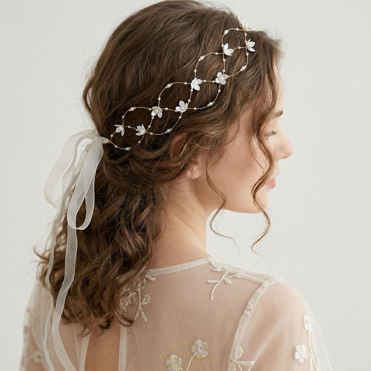 gold Pearl Headband HS-J7125G vintage Handmade Beaded Flower Mesh Bridal Headband