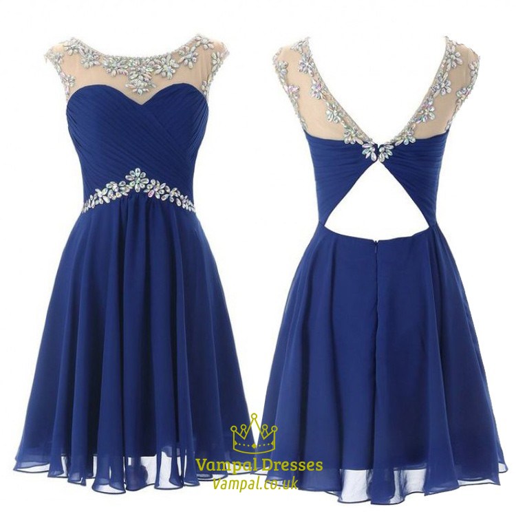 Marineblaues Homecoming-Kleid in Knielänge mit Flügelärmeln und Strasssteinen