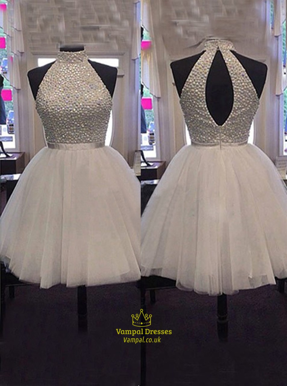 Ärmelloses A-Linien-Homecoming-Kleid mit Keyhole-Rücken und perlenbesetztem Oberteil