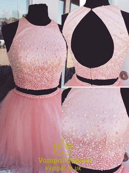 Hellrosa zweiteiliges Homecoming-Kleid mit perlenbesetztem Oberteil und Keyhole-Rücken