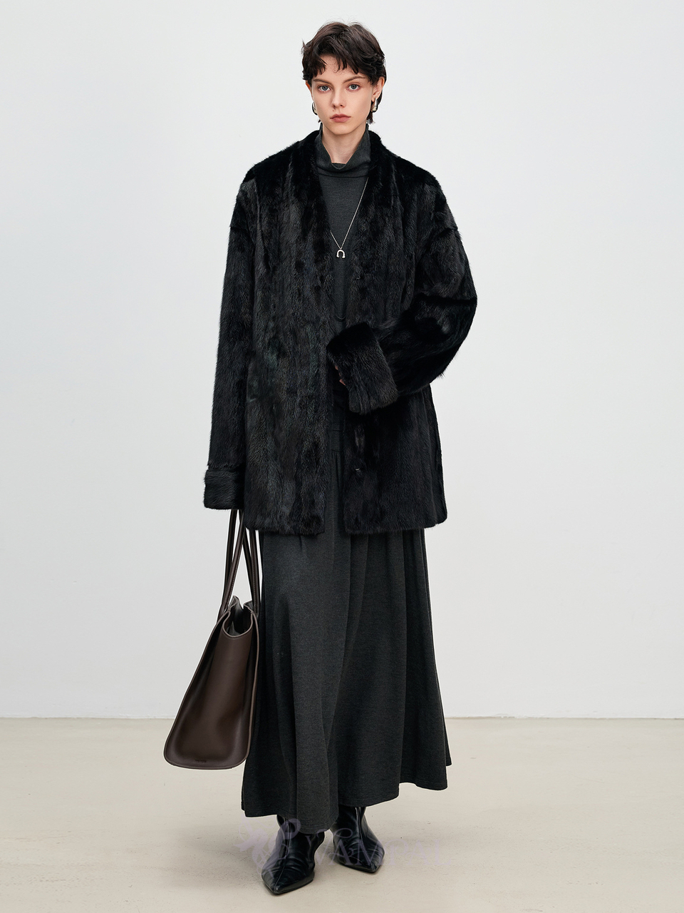 black genuine Mink V-Neck Cuffed Sleeve Winter Overcoat