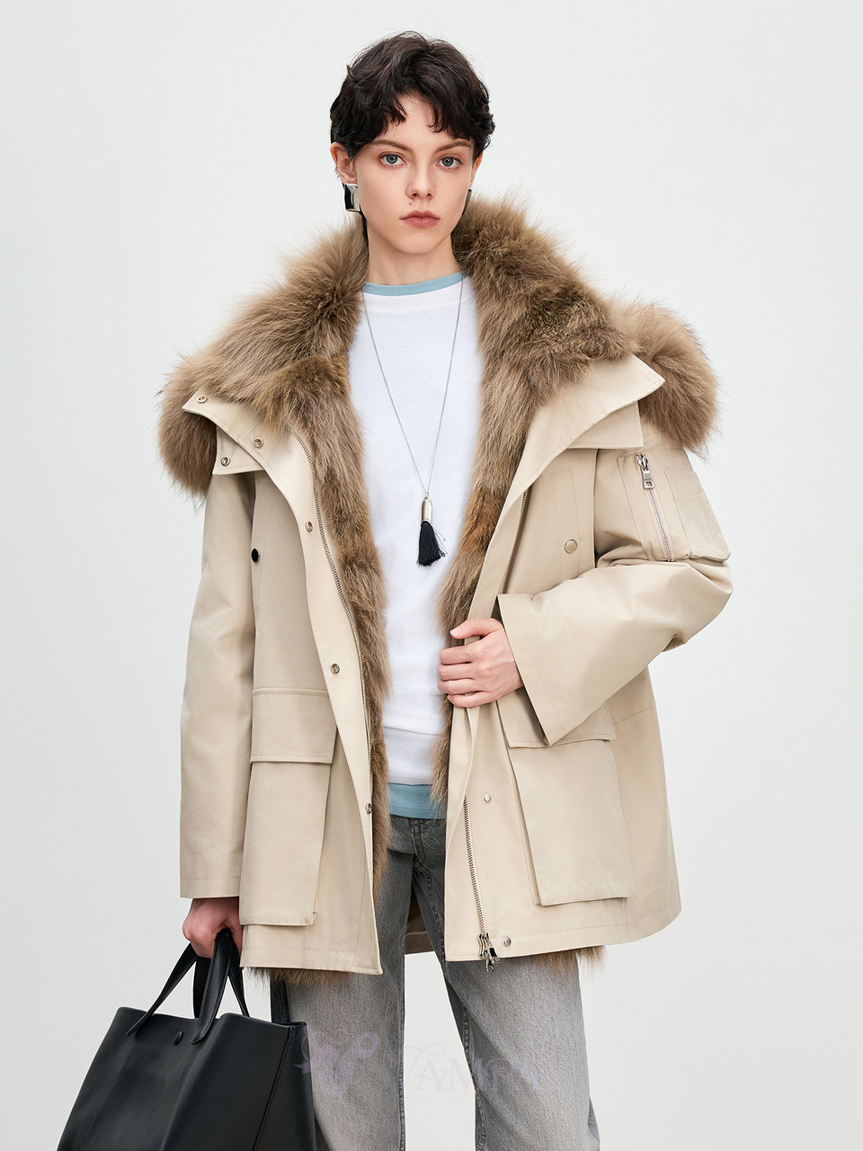 two-Tone Parka With Detachable Raccoon Fur Collar And Wolf Fur Liner