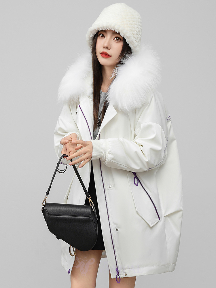 rex Rabbit Fur Lined Parka Coat Women Korean Loose Mid-Length Detachable