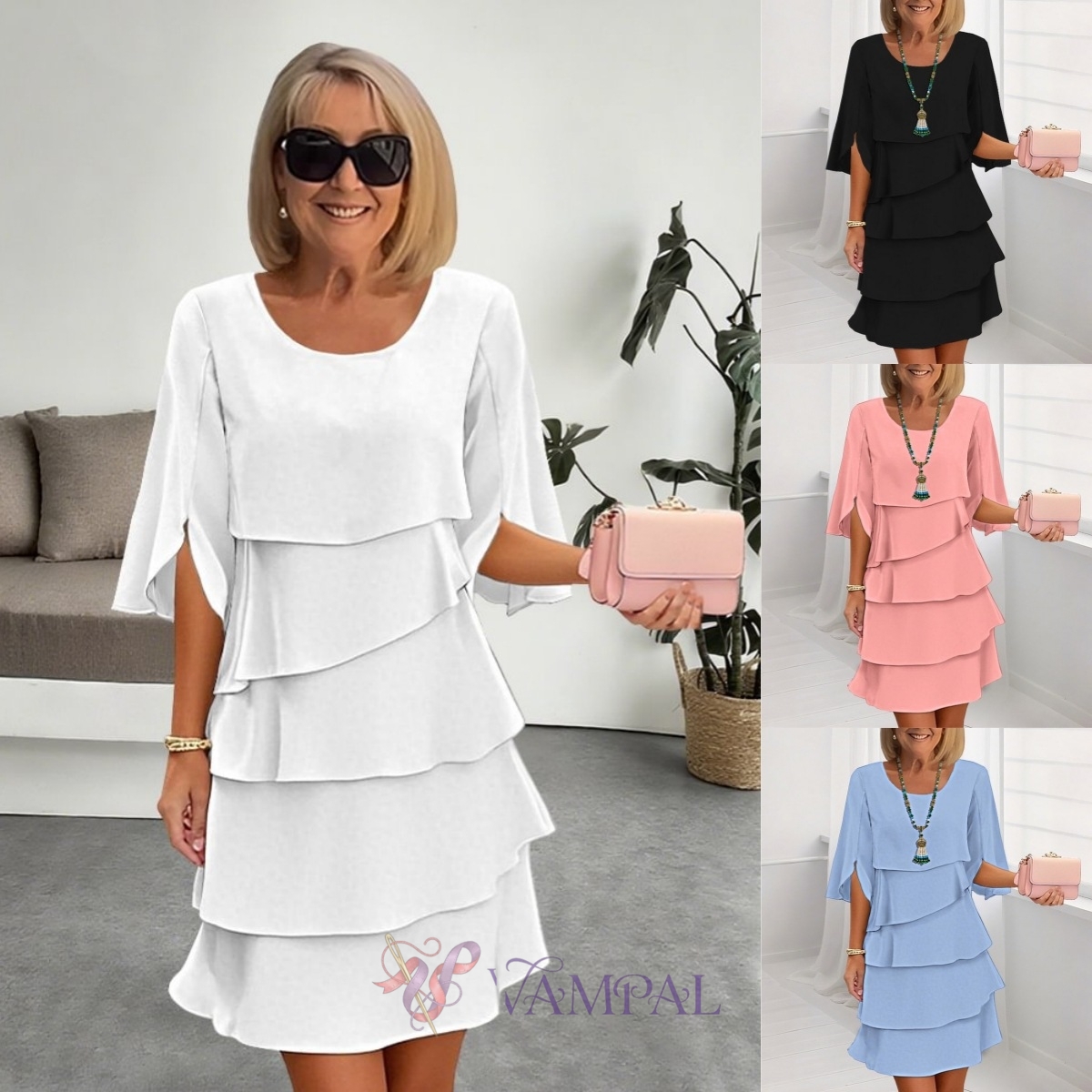 solid Color Round Neck Tiered Patchwork Dress