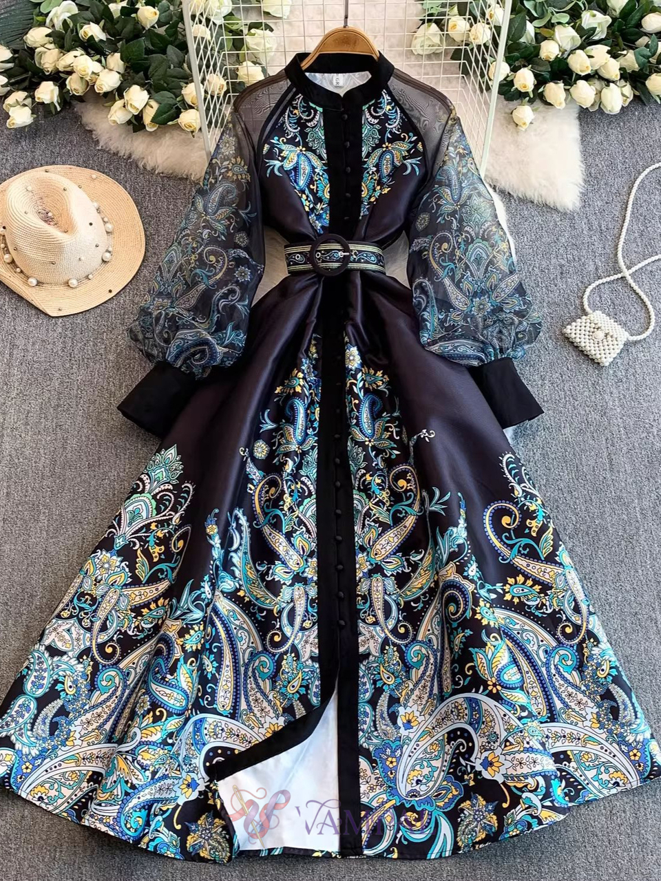 vintage Mesh Spliced Printed Lantern Sleeve Dress