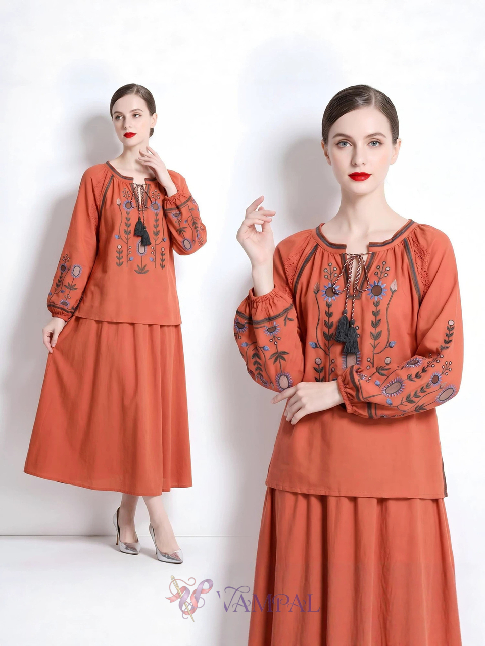 bohemian Vintage Embroidered Print Long Sleeve Shirt Women Loose Casual French Style Doll Top