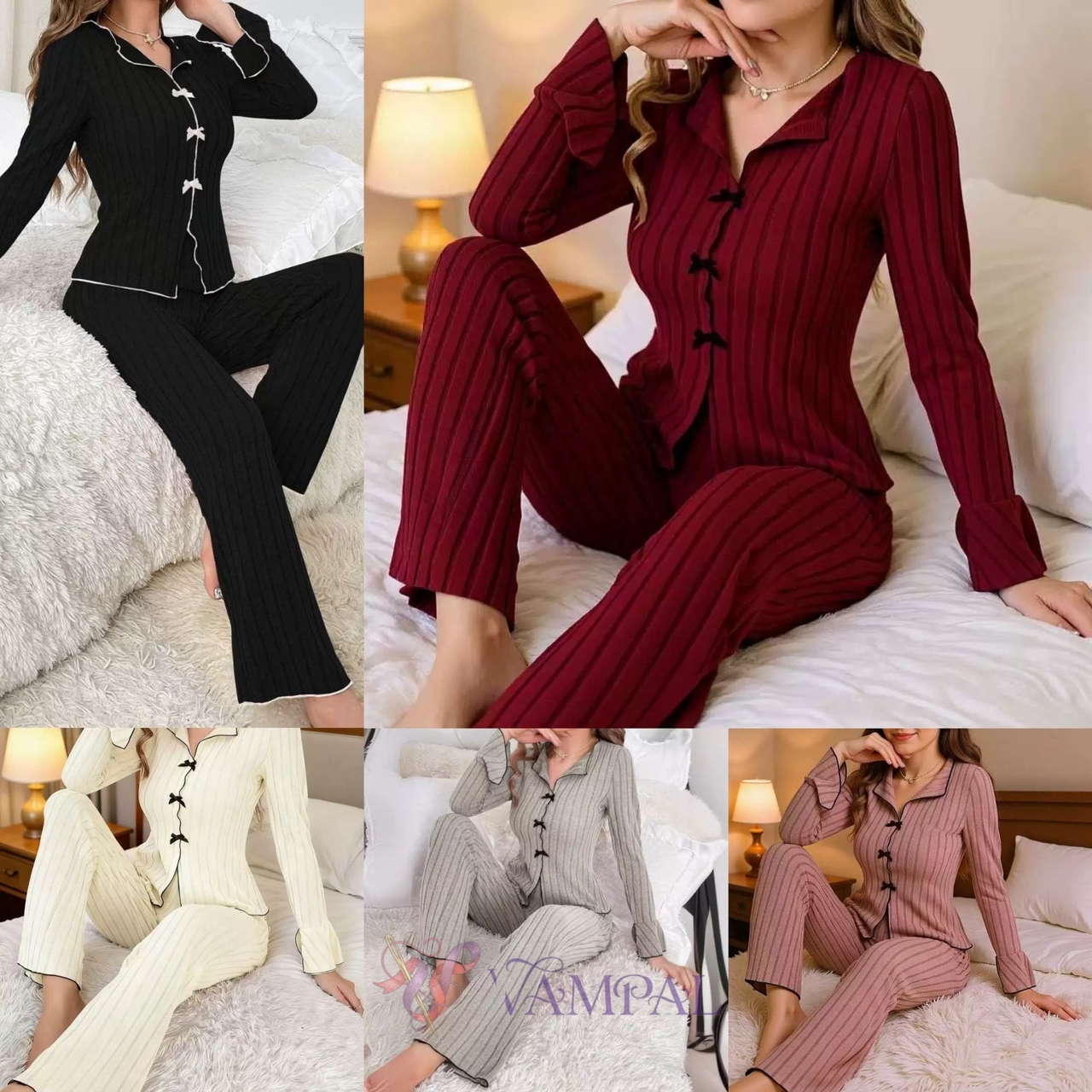 women's Turn-Down Collar Bow Pajama Set Long Sleeve Loungewear