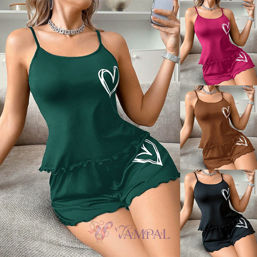 heart Print Cami Top And Shorts Pajama Lounge Set