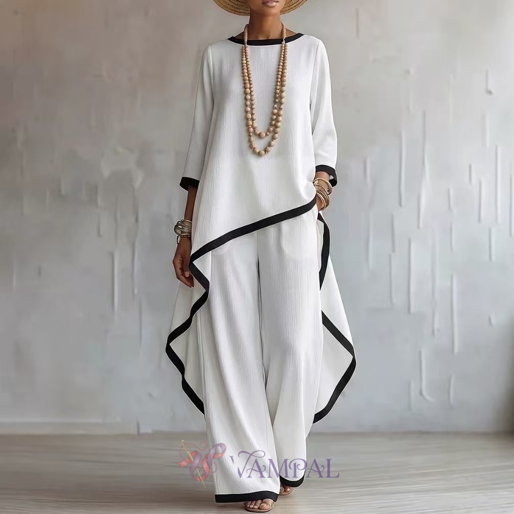 cotton-Linen Irregular Long-Sleeve Top And Wide-Leg Pants Two-Piece Set