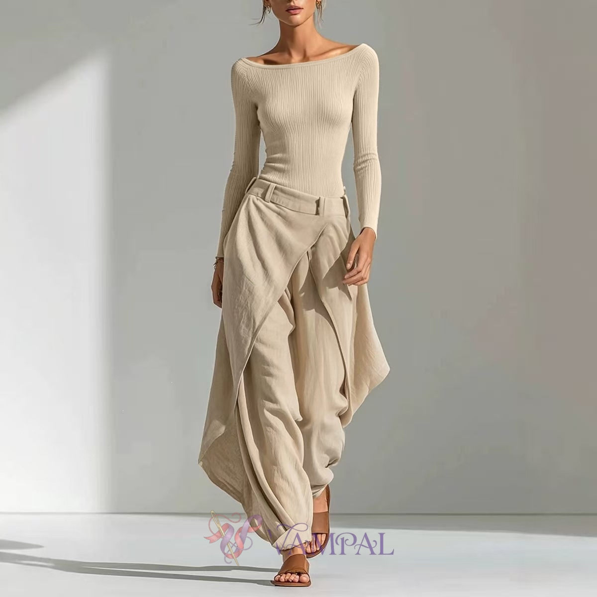 off-Shoulder Slim Fit Top With Wide Leg Pants Two-Piece Set
