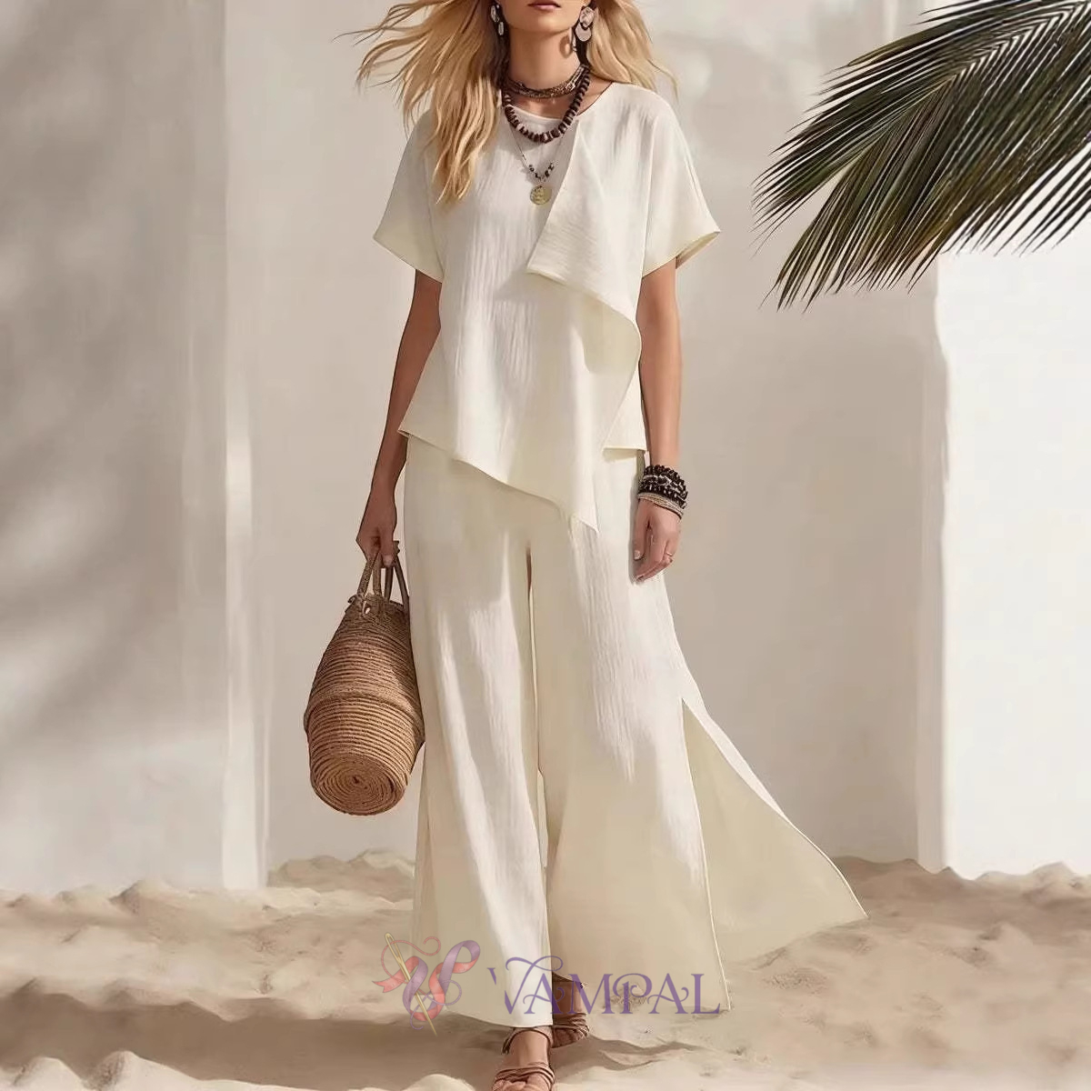 women's Summer Casual Irregular Short Sleeve Top And Slit Wide Leg Pants Set