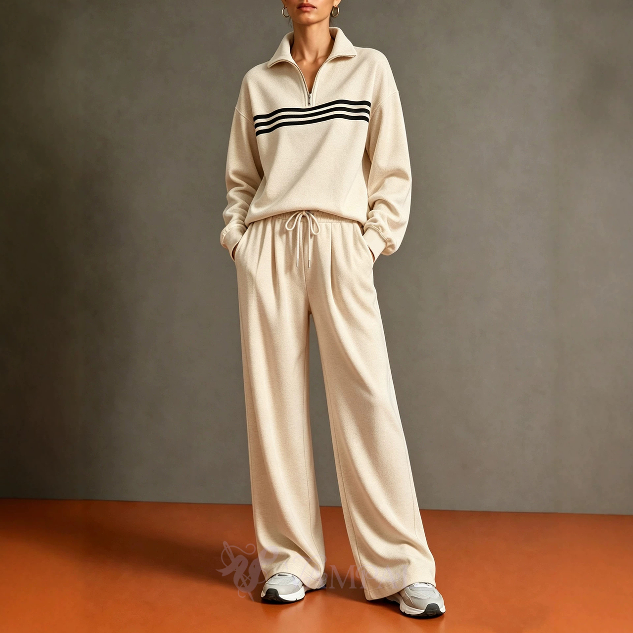 color-Block Stand Collar Hoodie And Wide-Leg Pants Two-Piece Set