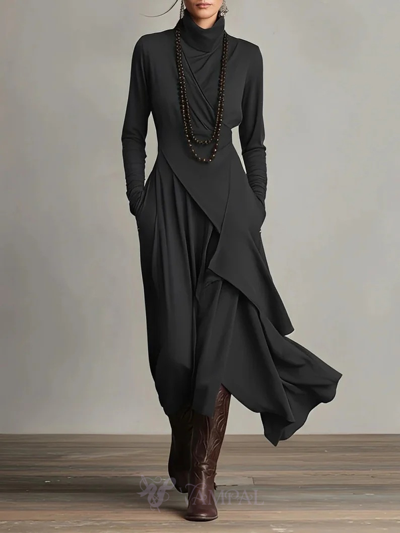 solid Color Long Sleeve Cross High Neck Maxi Dress
