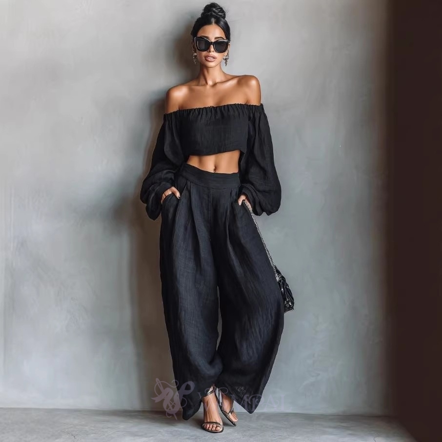 elegant Off-Shoulder Solid Color T-Shirt And Pants Two-Piece Set