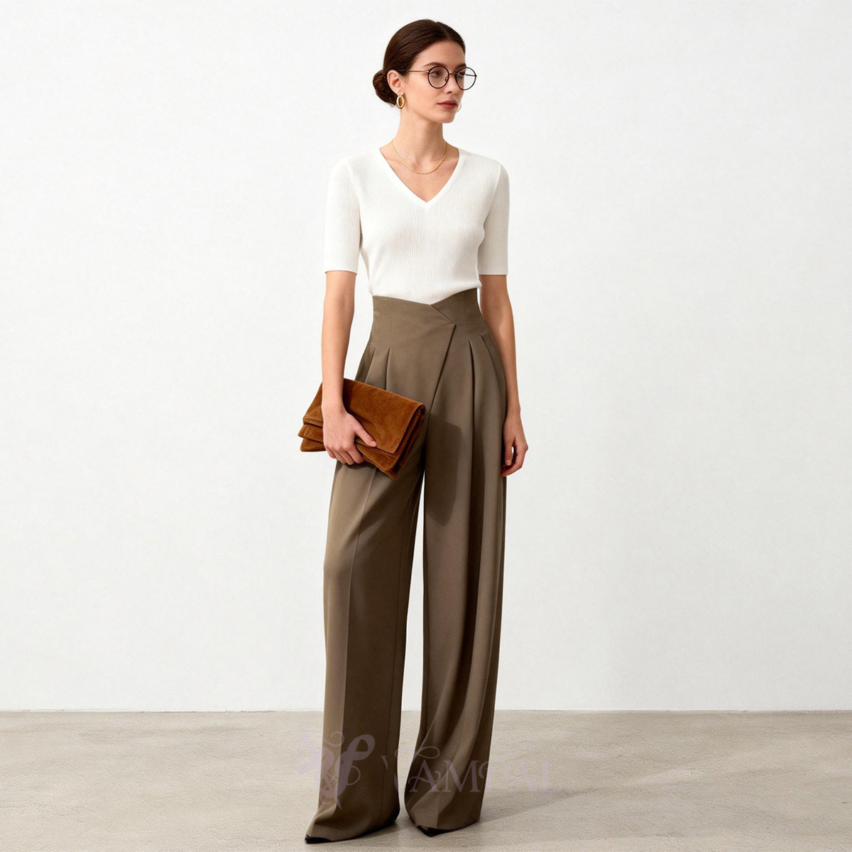 Khaki Wide-Leg High-Waist Drape Floor-Length Pants For Women