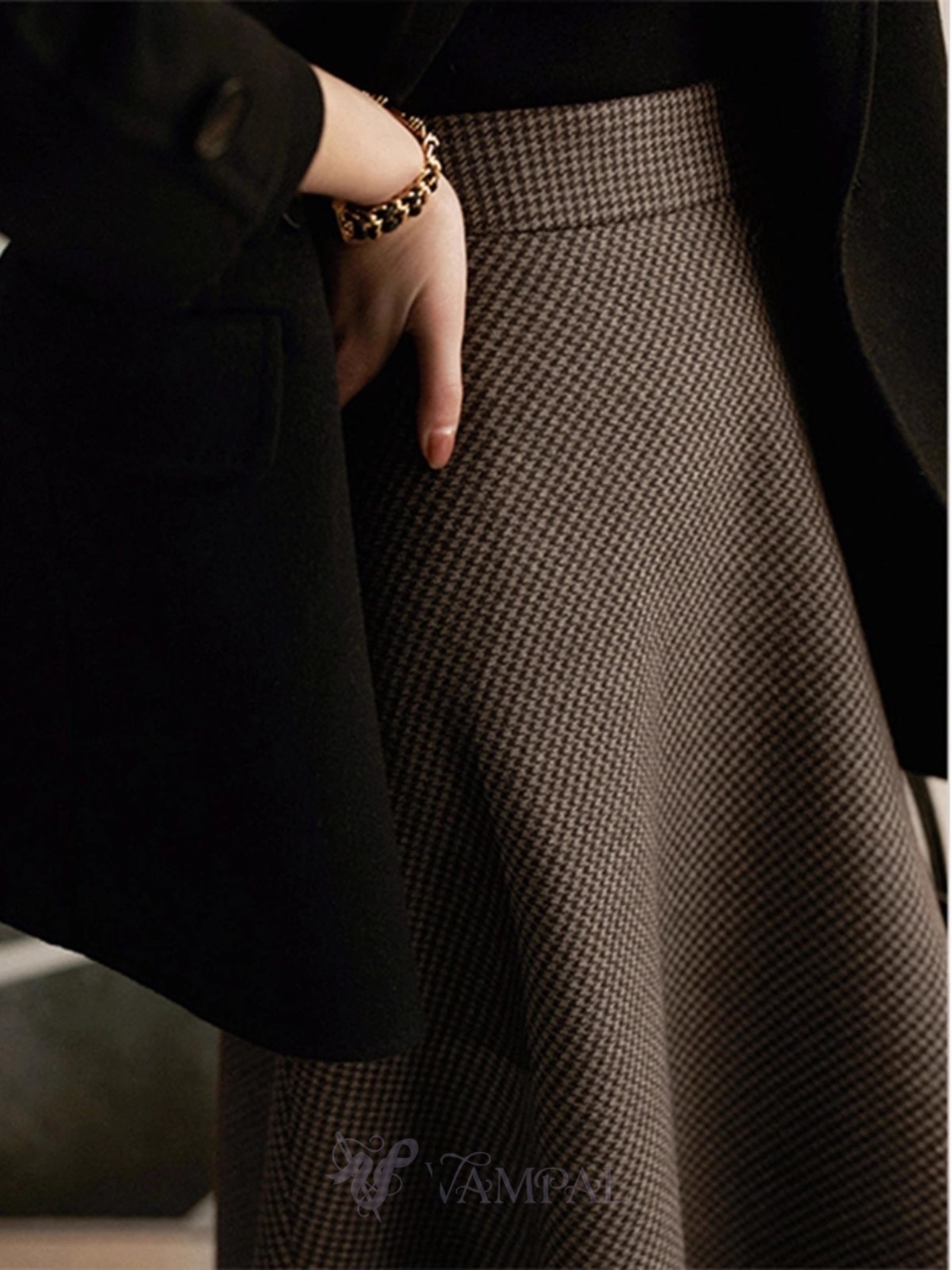 Brown Houndstooth Woolen High Waist A-Line Midi Skirt
