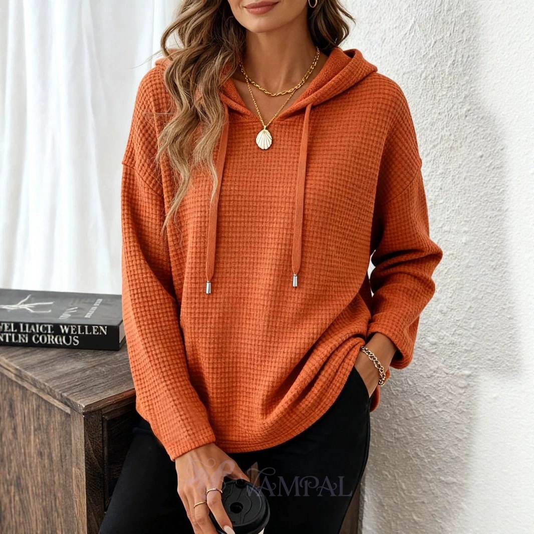 Waffle Knit Pullover Hoodie Solid Color Loose Fit Women