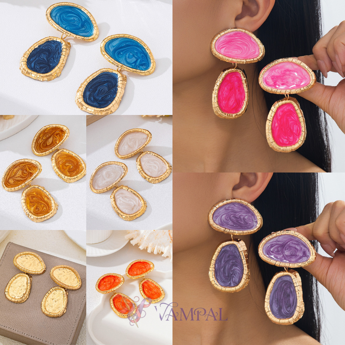 Vintage Geometric Textured Enamel Drop Earrings