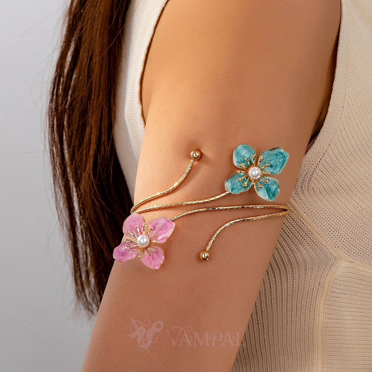 Inlaid Enamel Flower Arm Bracelet For Women Summer Vacation Wear
