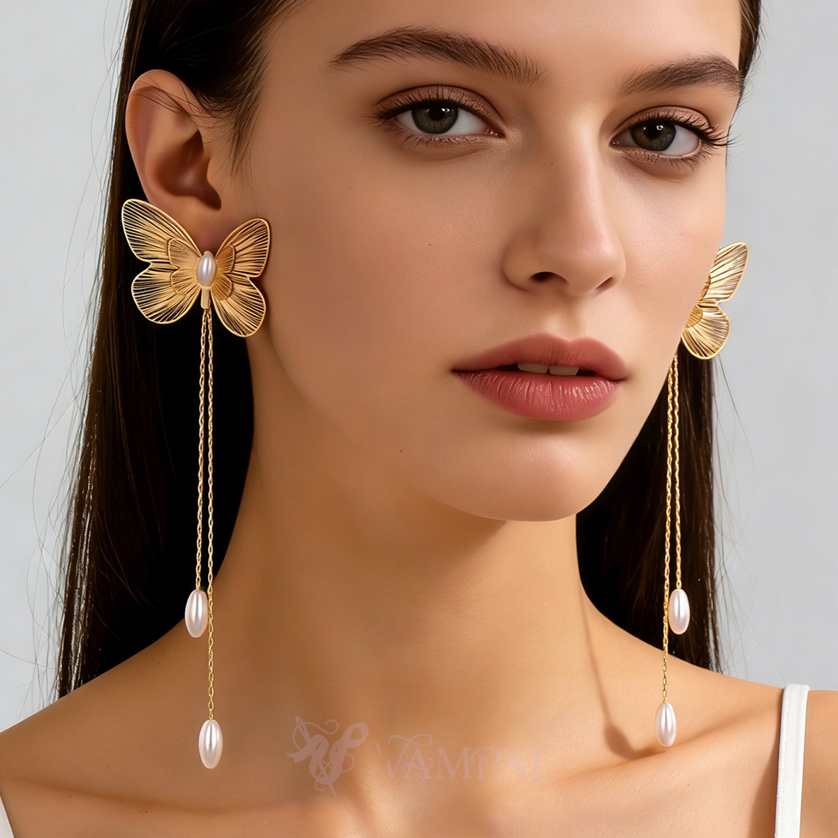 YLC-ES-2889 Gold Earrings French Style Butterfly Tassel Pearl Drop Earrings