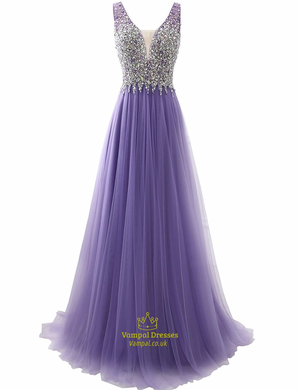 Ärmelloses Tüll-Abendkleid in Lavendel mit V-Rücken und perlenbesetztem Oberteil