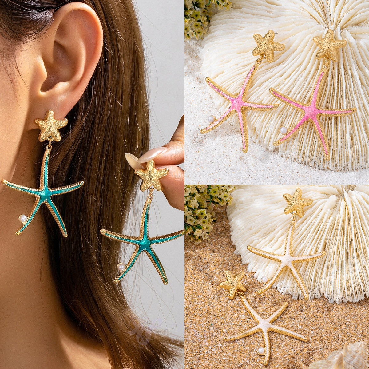 Starfish Drip Oil Pearl Pendant Earrings For Women