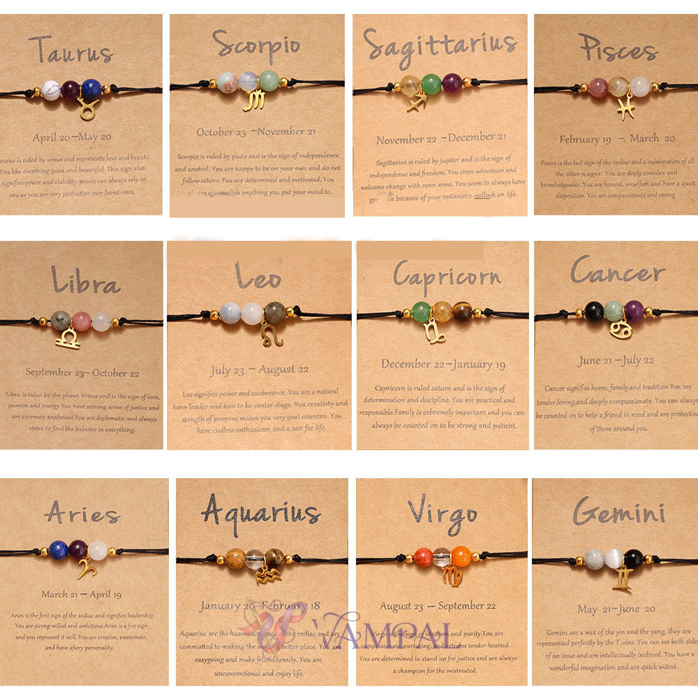 Handgefertigtes gewebtes Kordel-Sternzeichen-Armband mit Naturstein-Kristall