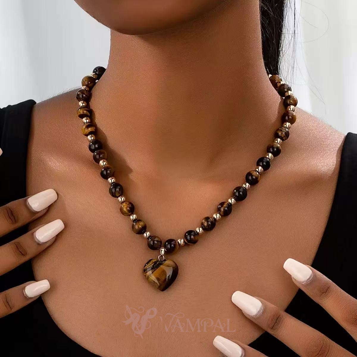Natural Stone Heart Pendant Necklace For Women Adjustable Chain