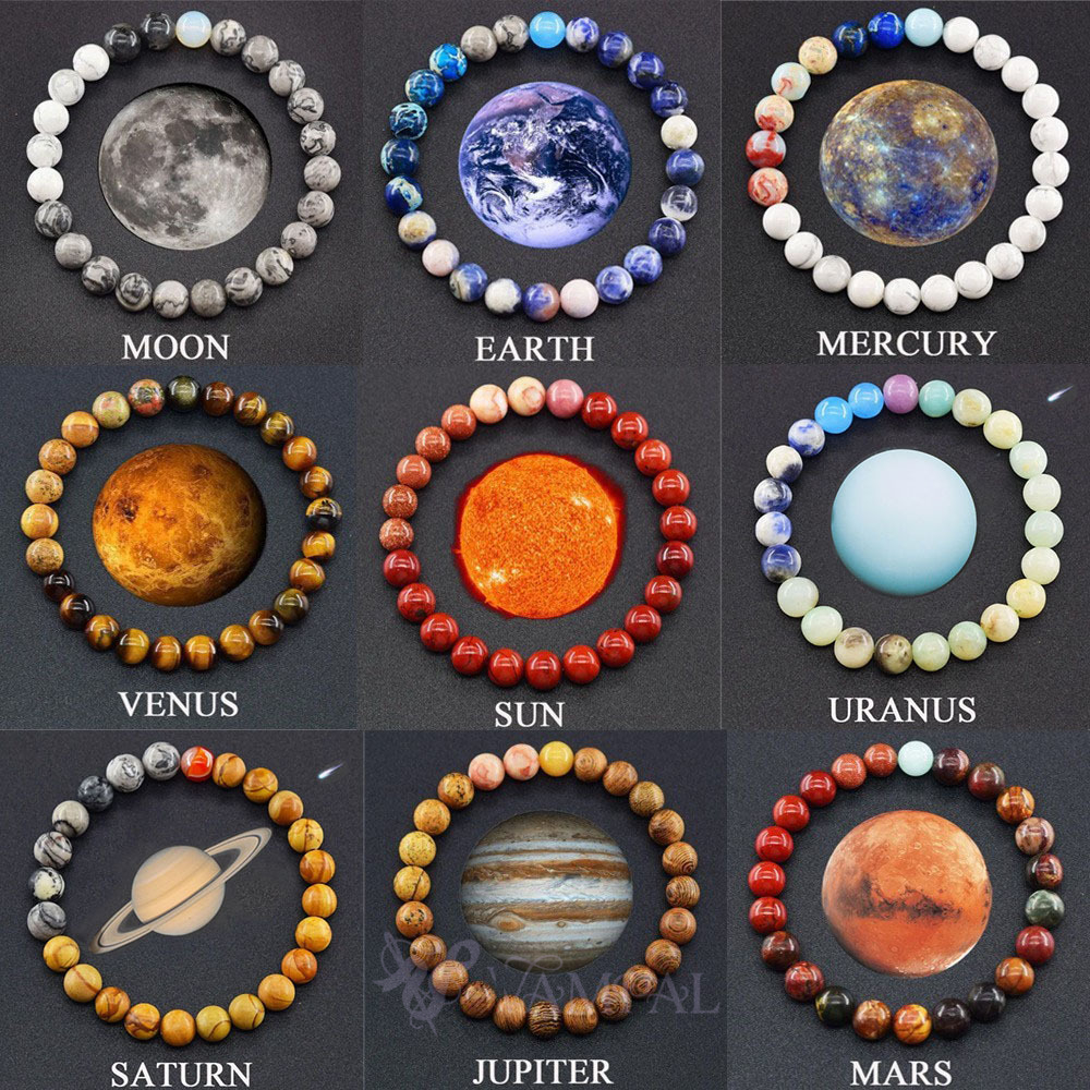 Armband mit acht Planeten aus natürlichem Tigerauge mit Perlen für Herren