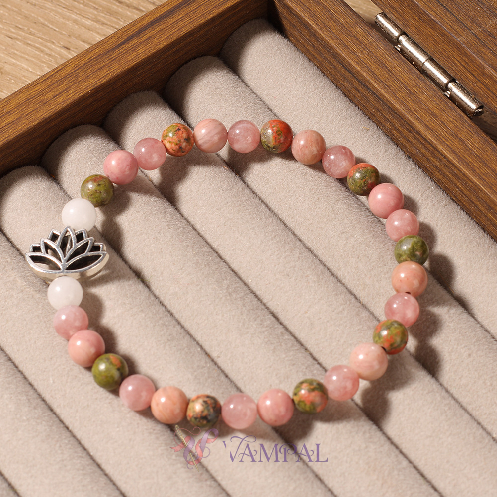 Rhodonit-Rosenquarz-Armband mit Perlen für Damen, natürlicher Stein, sieben Chakra, Lotus