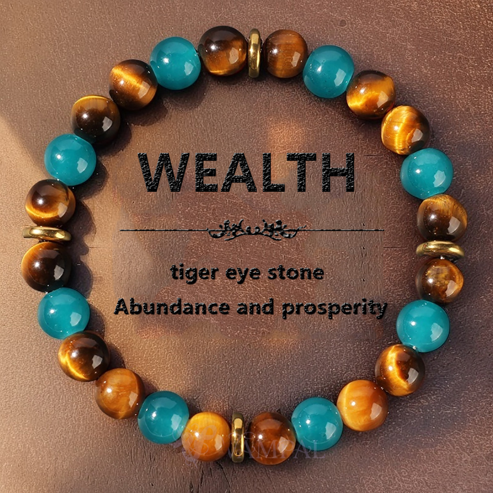 Natural Stone Beaded Bracelet Tiger's Eye Aquamarine Vintage Style