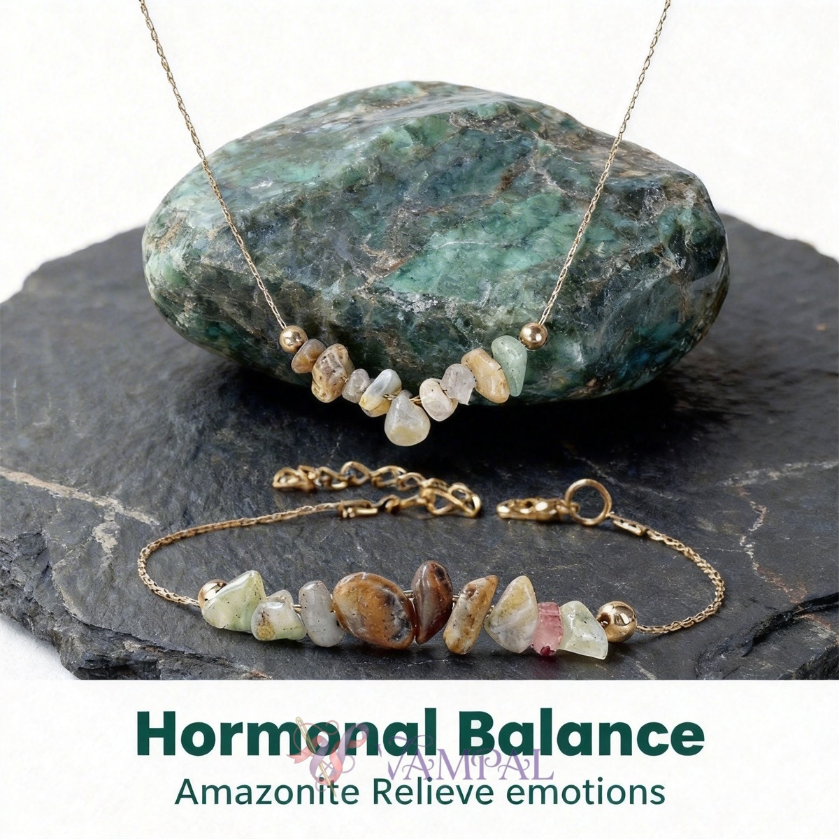 L2107 Bracelet + Necklace Bohemian Natural Amazonite Beaded Bracelet Necklace Set