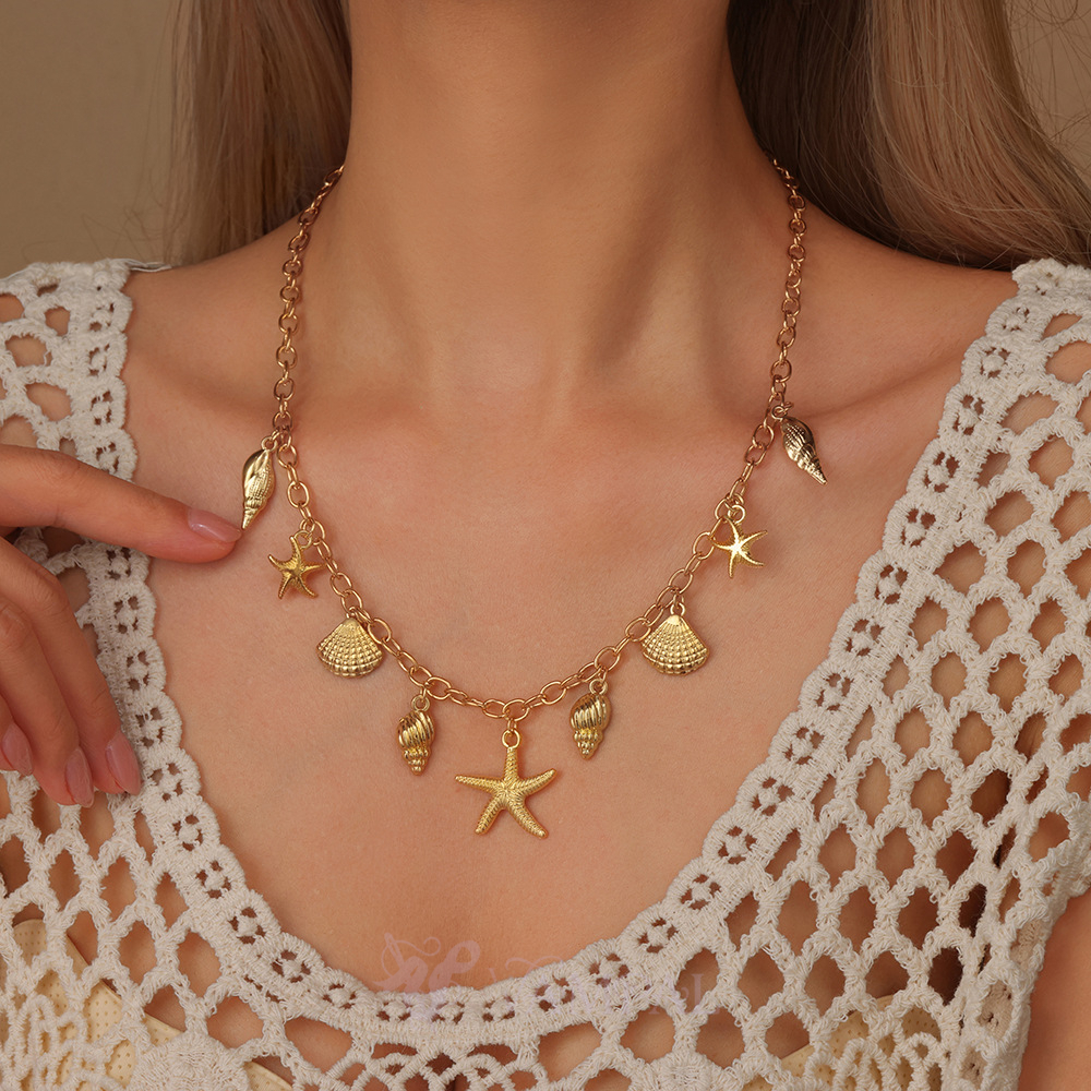 Gold Starfish Shell Necklace For Women Beach Vacation Jewelry