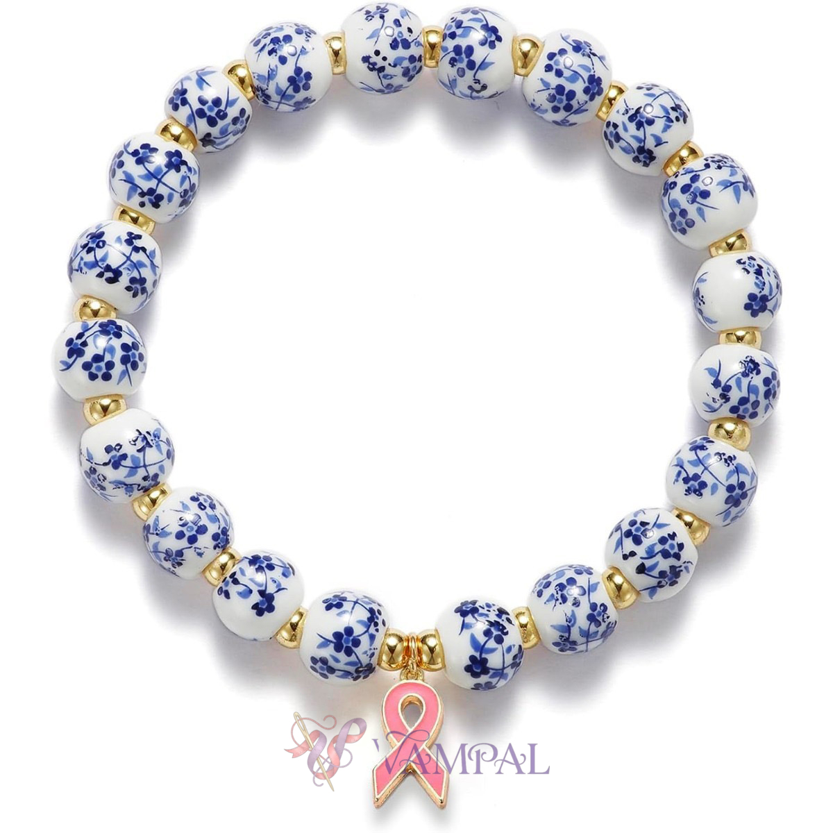 Blau-Weiß-Porzellan Keramik-Perlenarmband mit rosa Emaille-Herz-Anhänger