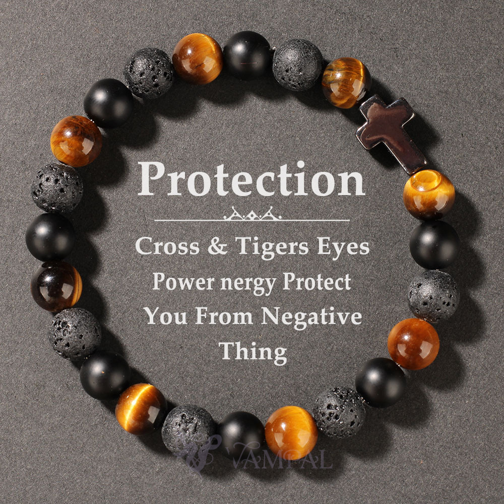 L1246 (Natürlicher Tigerauge) Schwarzes Tigerauge Vulkangestein Perlenarmband Kreuz