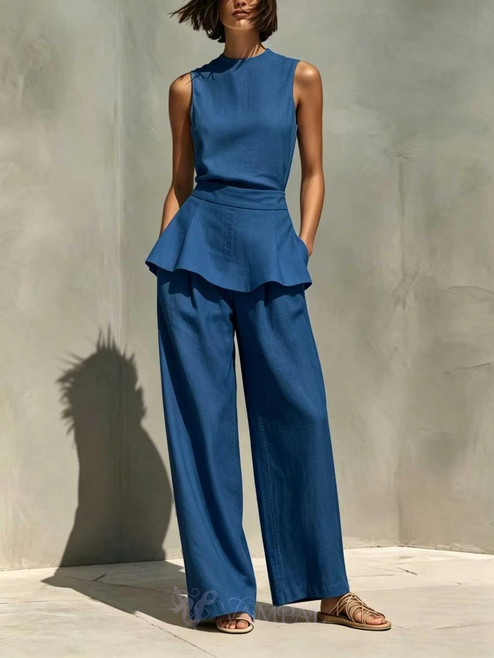 Elegant Sleeveless Ruffled Wide-Leg Two-Piece Pants Set