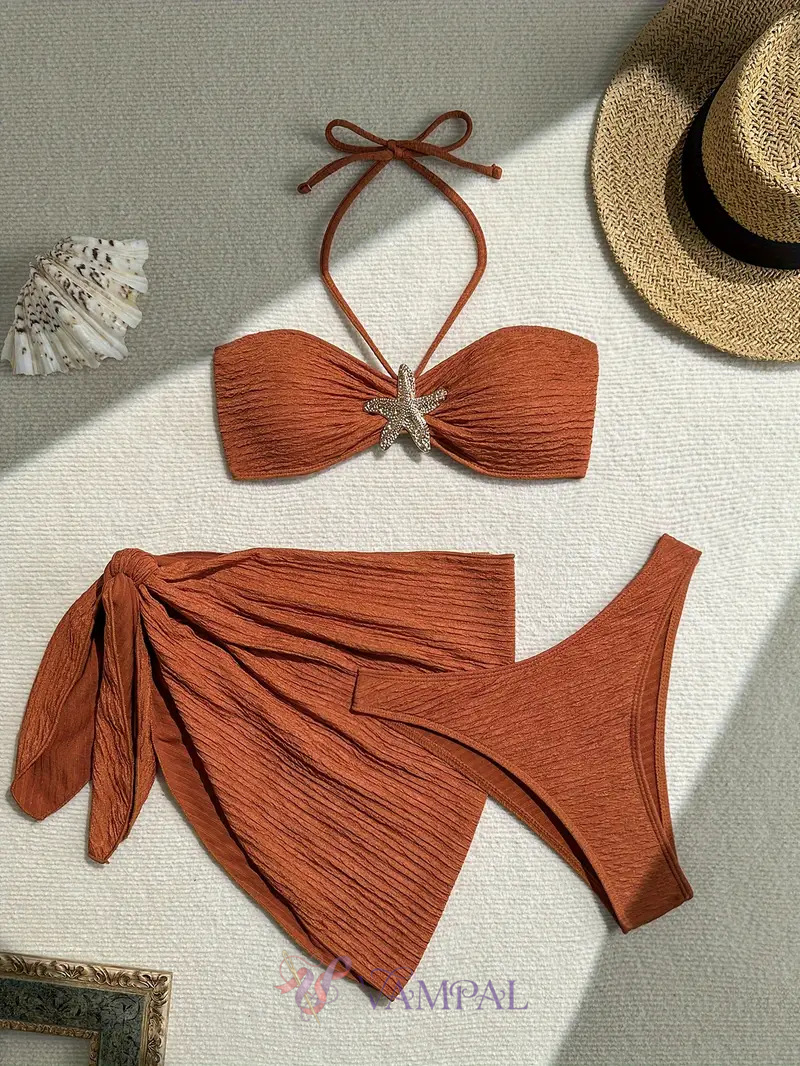 As shown in the picture Solid Color 3-Piece Bikini Set With Tube Top And Beach Dress